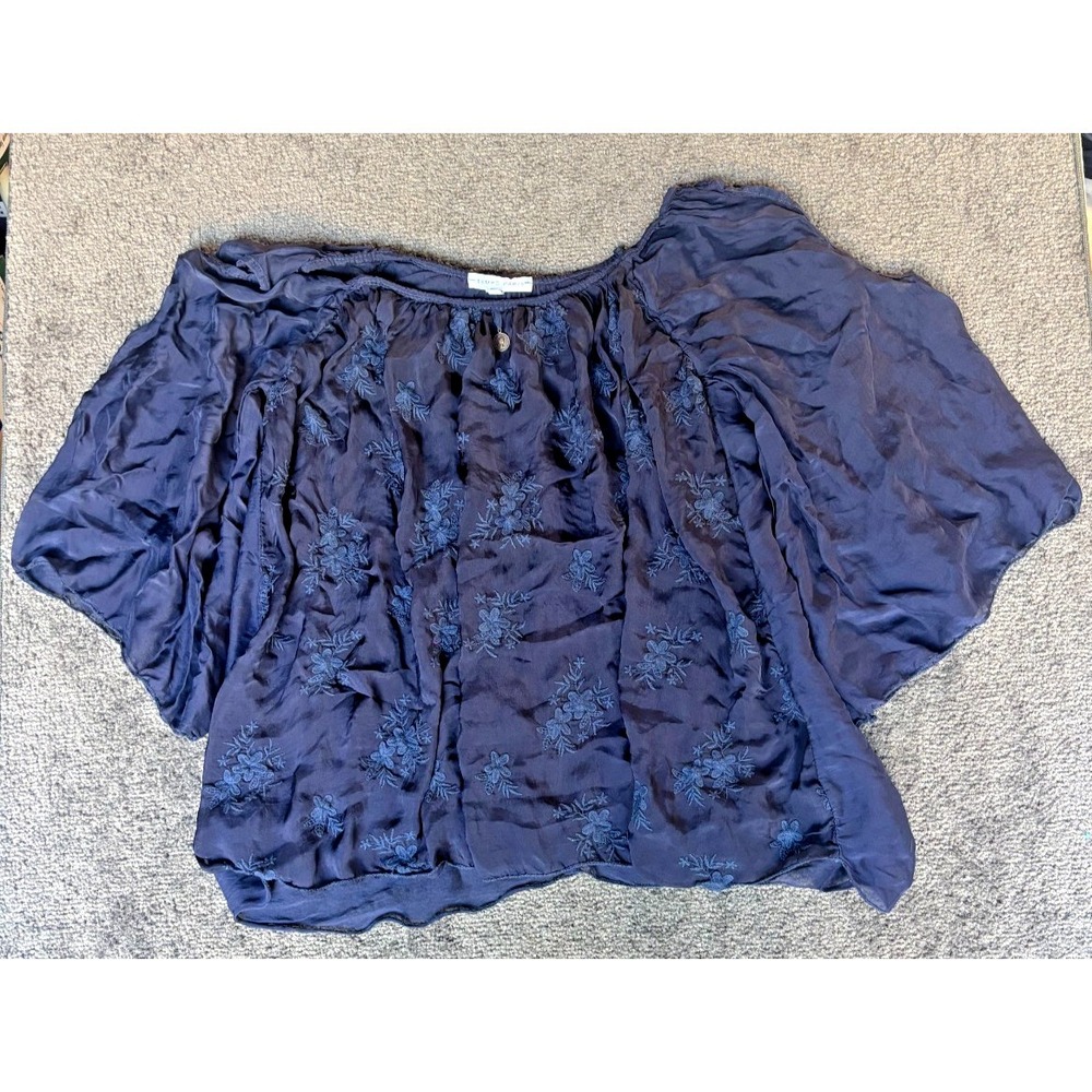 Tempo Paris Shirred Blouse Women's Small Blue Floral Embroidered Off Shoulder